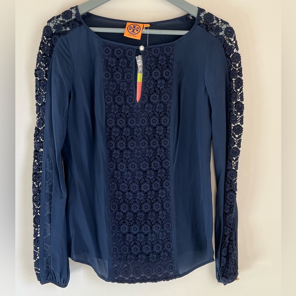 New Tory Burch Silk Long Sleeve‎ Blouse $295 Navy Blue Womens Size 4